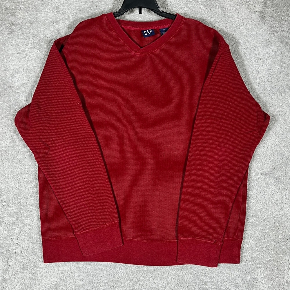 Gap Mens XL Red Waffle Knit V-Neck Sweater Cotton Wool Blend Thermal Pullover